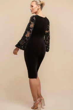 Square Neck Scalloped Crochet Sleeve Velvet Midi Dress - Black by Goddiva