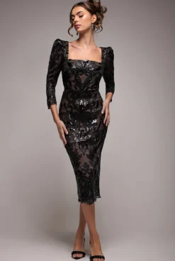 Square Neck Scalloped Embroidered Sequin Midi Dress - Black by Goddiva
