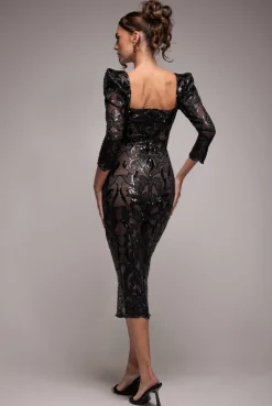 Square Neck Scalloped Embroidered Sequin Midi Dress - Black by Goddiva
