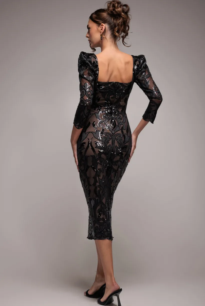 Square Neck Scalloped Embroidered Sequin Midi Dress - Black by Goddiva