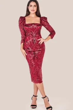 Square Neck Scalloped Embroidered Sequin Midi Dress - Wine by Goddiva