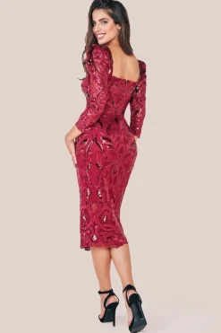 Square Neck Scalloped Embroidered Sequin Midi Dress - Wine by Goddiva