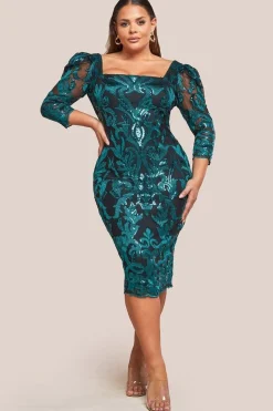Square Neck Scalloped Embroidered Sequin Midi Dress - Emerald Green by Goddiva Plus