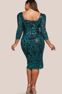 Square Neck Scalloped Embroidered Sequin Midi Dress - Emerald Green by Goddiva Plus