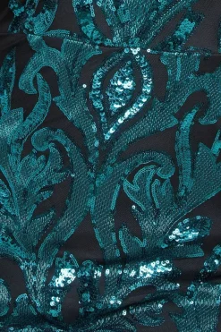 Square Neck Scalloped Embroidered Sequin Midi Dress - Emerald Green by Goddiva Plus