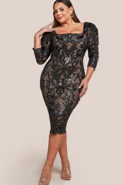Square Neck Scalloped Embroidered Sequin Midi Dress - Black by Goddiva Plus