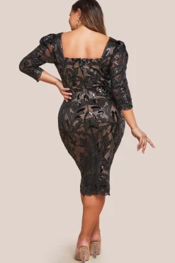 Square Neck Scalloped Embroidered Sequin Midi Dress - Black by Goddiva Plus