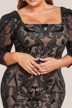 Square Neck Scalloped Embroidered Sequin Midi Dress - Black by Goddiva Plus