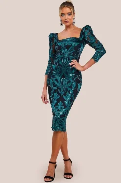 Square Neck Scalloped Embroidered Sequin Midi Dress - Emerald Green by Goddiva