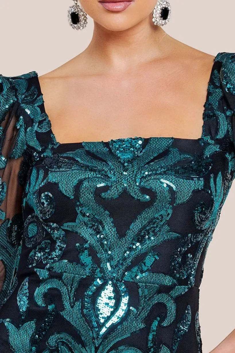 Square Neck Scalloped Embroidered Sequin Midi Dress - Emerald Green by Goddiva