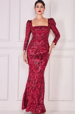 Square Neck Scalloped Lace Maxi - Wine by Goddiva