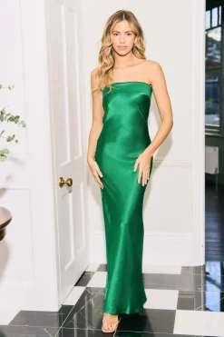 Strapless Folded Bust Satin Maxi Dress by Urban Touch