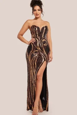 Strapless Multi Sequin Maxi Dress - Bronze by Goddiva
