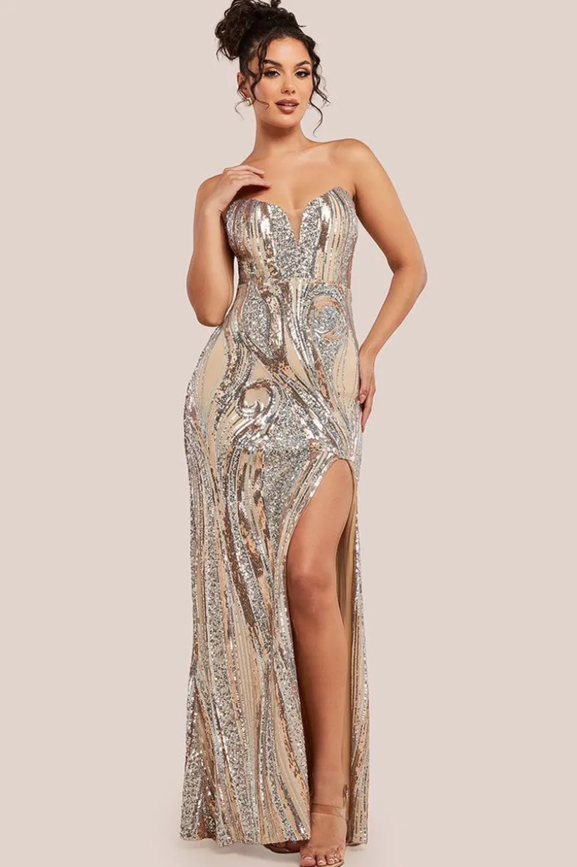 Strapless Multi Sequin Maxi Dress - Champagne by Goddiva