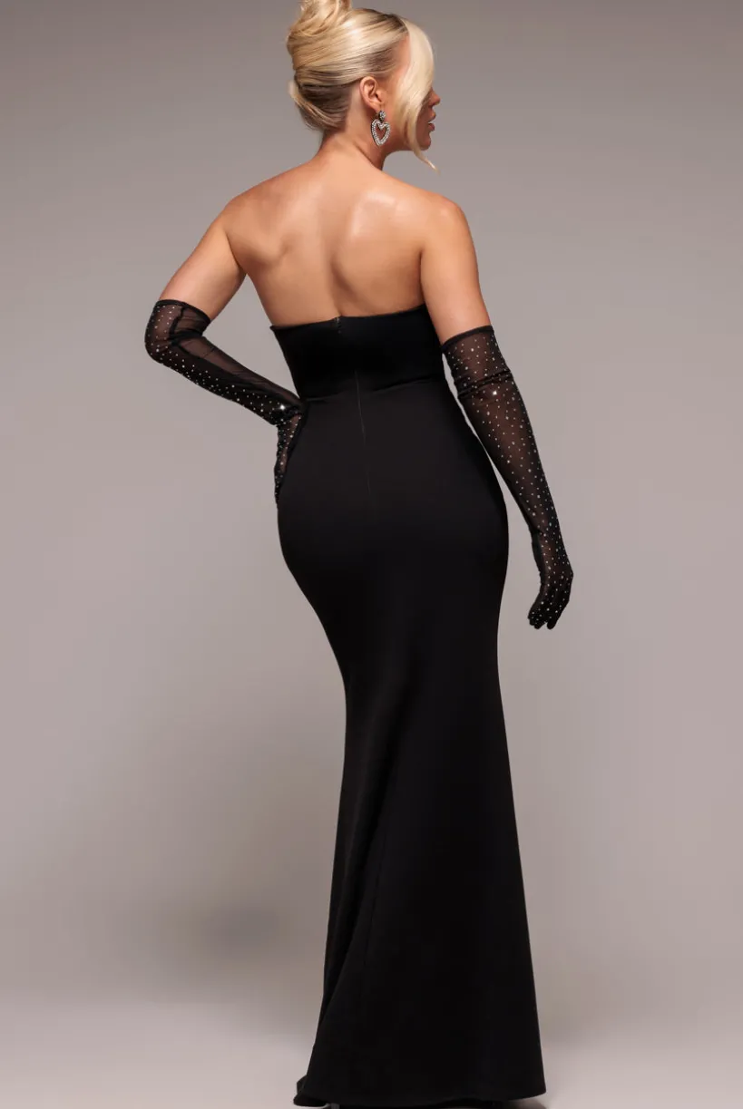 Strapless Super Plunge Diamante Neck Maxi Dress - Black by Goddiva