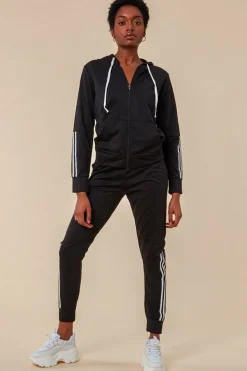 Stripe Detail Hooded Tracksuit Set - Black by Cosmochic