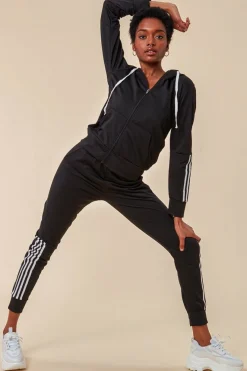 Stripe Detail Hooded Tracksuit Set - Black by Cosmochic