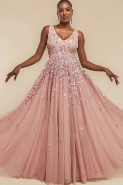 Sunray Hand Embellished Sequin A-Line Sleeveless Maxi Dress - Blush Pink by Goddiva