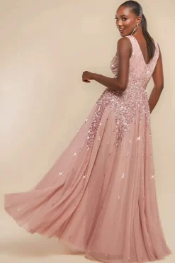 Sunray Hand Embellished Sequin A-Line Sleeveless Maxi Dress - Blush Pink by Goddiva