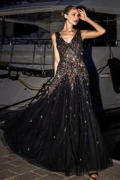 Sunray Hand Embellished Sequin A-Line Sleeveless Maxi Dress - Black by Goddiva