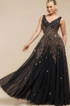Sunray Hand Embellished Sequin A-Line Sleeveless Maxi Dress - Black by Goddiva