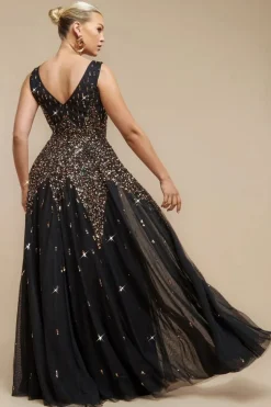 Sunray Hand Embellished Sequin A-Line Sleeveless Maxi Dress - Black by Goddiva