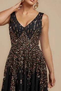 Sunray Hand Embellished Sequin A-Line Sleeveless Maxi Dress - Black by Goddiva