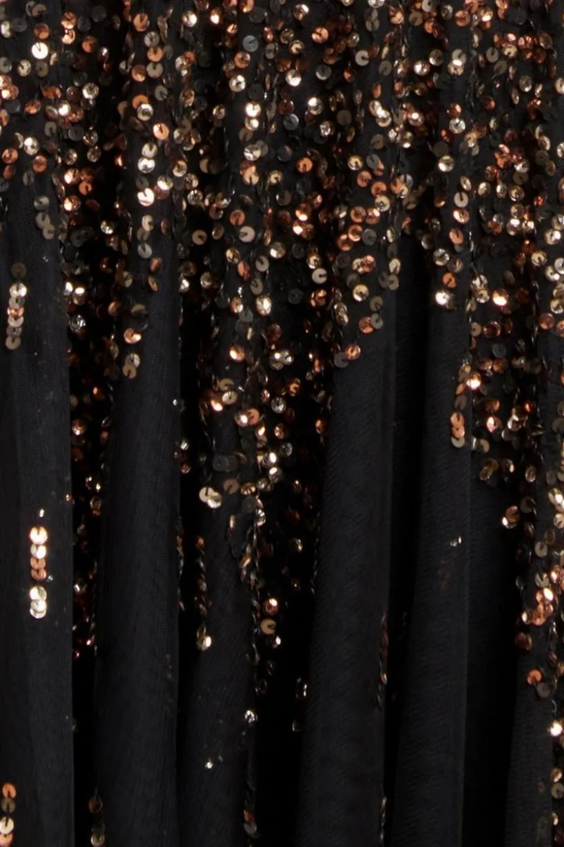 Sunray Hand Embellished Sequin A-Line Sleeveless Maxi Dress - Black by Goddiva