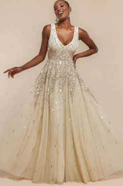 Sunray Hand Embellished Sequin A-Line Sleeveless Maxi Dress - Ivory by Goddiva