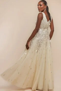 Sunray Hand Embellished Sequin A-Line Sleeveless Maxi Dress - Ivory by Goddiva
