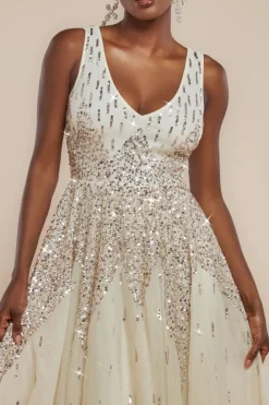 Sunray Hand Embellished Sequin A-Line Sleeveless Maxi Dress - Ivory by Goddiva