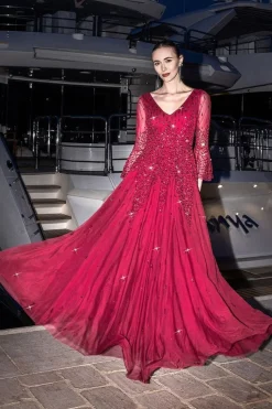 Sunray Hand Embellished Sequin A-Line Bell Sleeve Maxi Dress - Burgundy by Goddiva