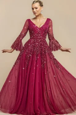 Sunray Hand Embellished Sequin A-Line Bell Sleeve Maxi Dress - Burgundy by Goddiva