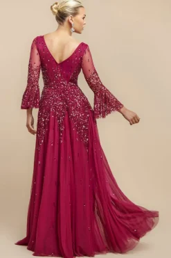 Sunray Hand Embellished Sequin A-Line Bell Sleeve Maxi Dress - Burgundy by Goddiva
