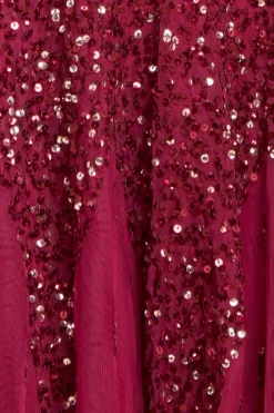 Sunray Hand Embellished Sequin A-Line Bell Sleeve Maxi Dress - Burgundy by Goddiva
