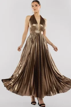 Sunrise Foil Halterneck A-Line Maxi Dress - Bronze by Goddiva