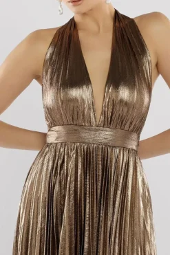 Sunrise Foil Halterneck A-Line Maxi Dress - Bronze by Goddiva