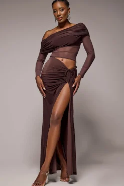 Super Split Front Drawstring Maxi Skirt - Brown by Goddiva