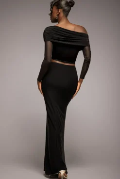Super Split Front Drawstring Maxi Skirt - Black by Goddiva