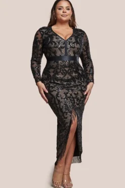 Tassel & Sequin Midaxi With Front Split - Black by Goddiva Plus