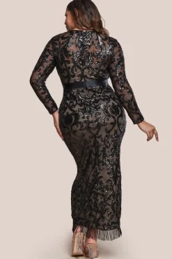 Tassel & Sequin Midaxi With Front Split - Black by Goddiva Plus