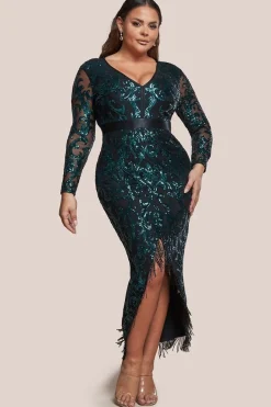 Tassel & Sequin Midaxi With Front Split - Emerald Green by Goddiva Plus
