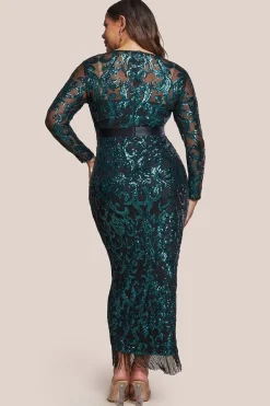 Tassel & Sequin Midaxi With Front Split - Emerald Green by Goddiva Plus