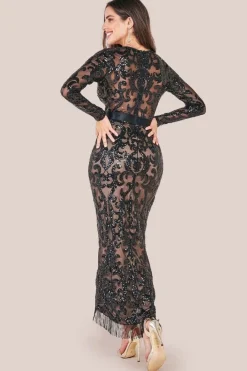 Tassel & Sequin Midaxi With Front Split - Black by Goddiva