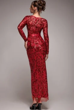 Tassel & Sequin Midaxi With Front Split - Red by Goddiva