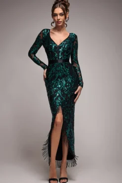 Tassel & Sequin Midaxi With Front Split - Emerald Green by Goddiva