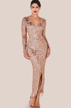 Tassel & Sequin Midaxi With Front Split - Champagne by Goddiva