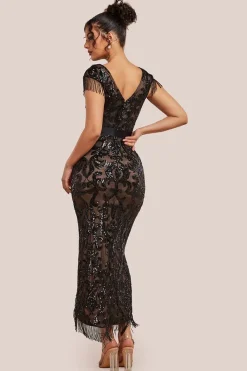 Tassel Split Maxi Dress - Black by Goddiva