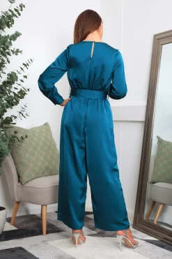 Teal Lux Satin Wrap Jumpsuit by Double Second