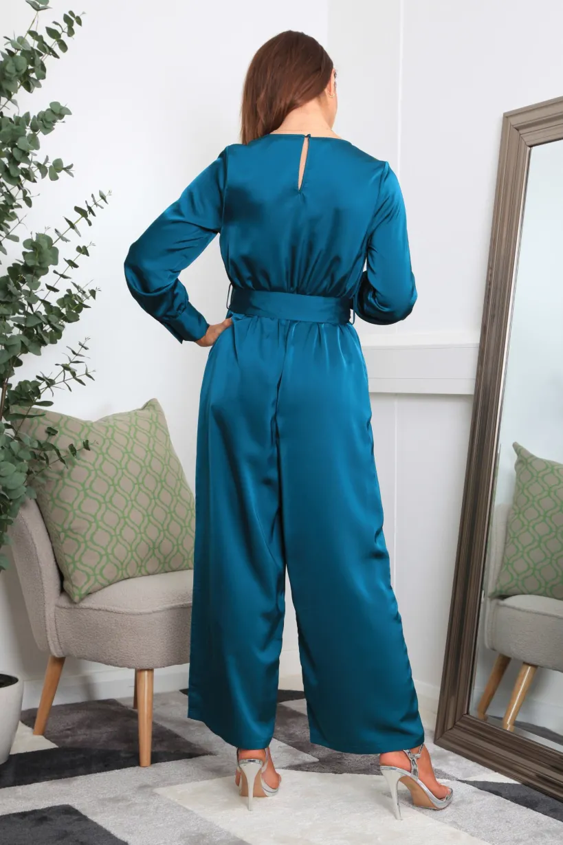 Teal Lux Satin Wrap Jumpsuit by Double Second